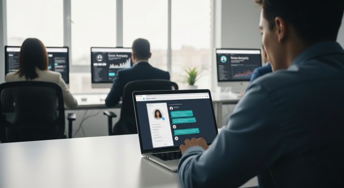 chatbots avenir service client Un client échange en temps réel avec un chatbot via une interface web sur son ordinateur portable. La discussion est fluide, instantanée. En arrière-plan, une équipe observe les retours clients pour améliorer l’algorithme.