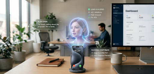 Smartphone posé sur un bureau professionnel moderne recevant un appel, avec une interface IA épurée affichant une transcription en temps réel, la qualification des leads et l’automatisation des réservations.